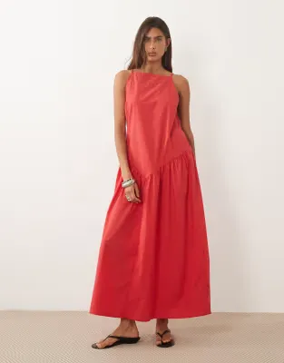 poplin slash neck drop waist maxi dress in red