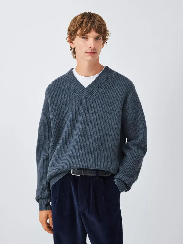 John Lewis Merino Wool Blend Rib Knit V-Neck Jumper