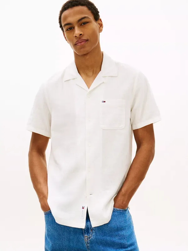 Tommy Hilfiger Linen Blend Regular Fit Short Sleeve Shirt, Ecru