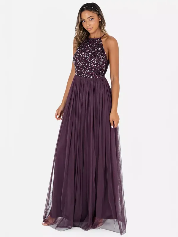 Maya Deluxe Halterneck Embellished Sequin Maxi Dress