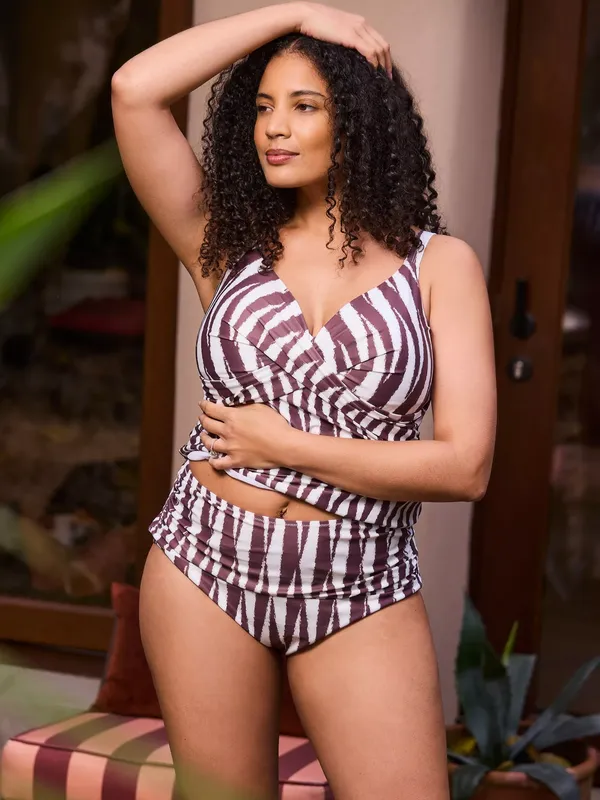 Live Unlimited Curve Geometric Tankini Top, Brown