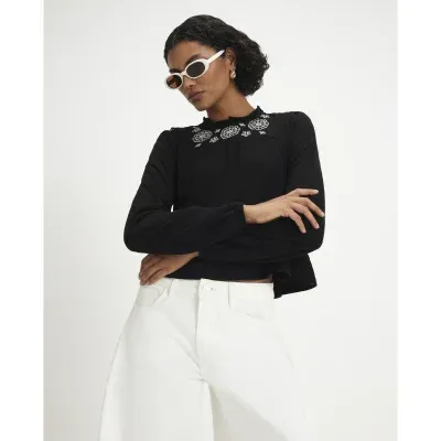 Black Long Sleeve Floral Broderie Top