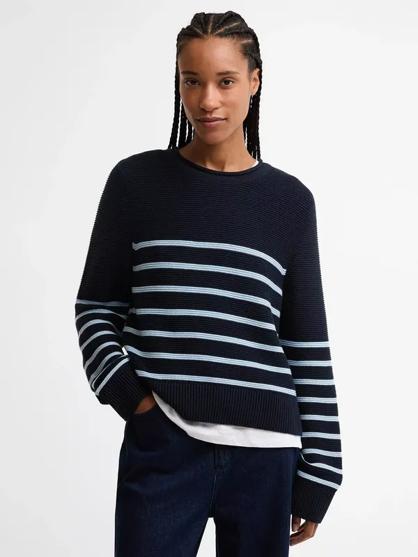 Barbour Hinton Striped Crew Neck Cotton Knit Jumper, Dark Navy Stripe