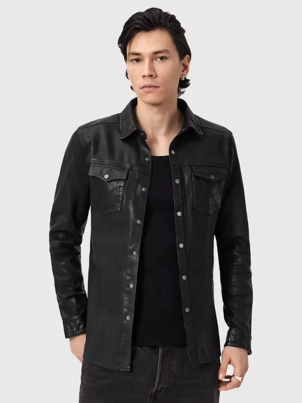 AllSaints Irwin Leather Shacket, Black