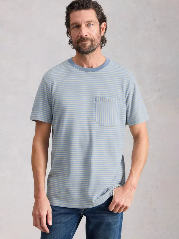 White Stuff Abersoch Cotton Regular Fit Short Sleeve Stripe T-Shirt, Light Blue