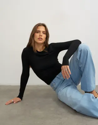 premium rib long sleeve top in black