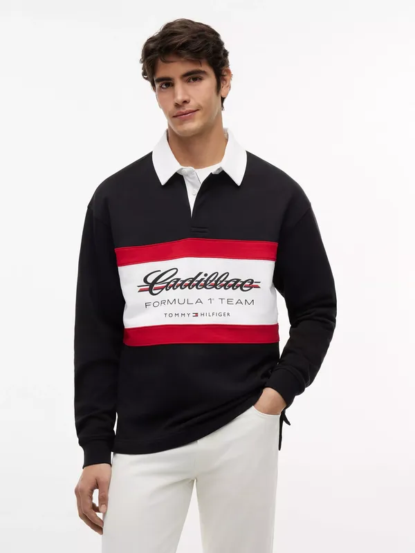 Tommy Hilfiger X Cadillac F1 Cotton Regular Fit Long Sleeve Polo Shirt, Black