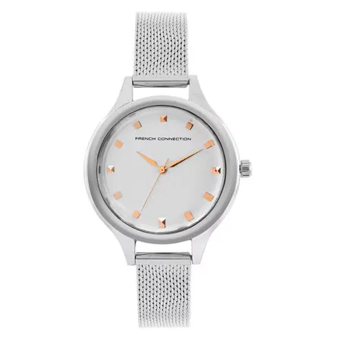 French Connection Silver Case Round Shape Silver Strap Quartz Watch