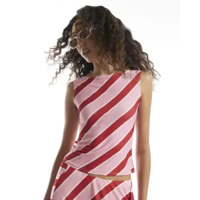 Pink Sleeveless Boat Neck Stripe Top