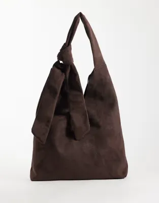 faux suede tote bag with knot detail handle in chocolate