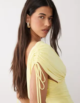 deep ruched off the shoulder top in yellow