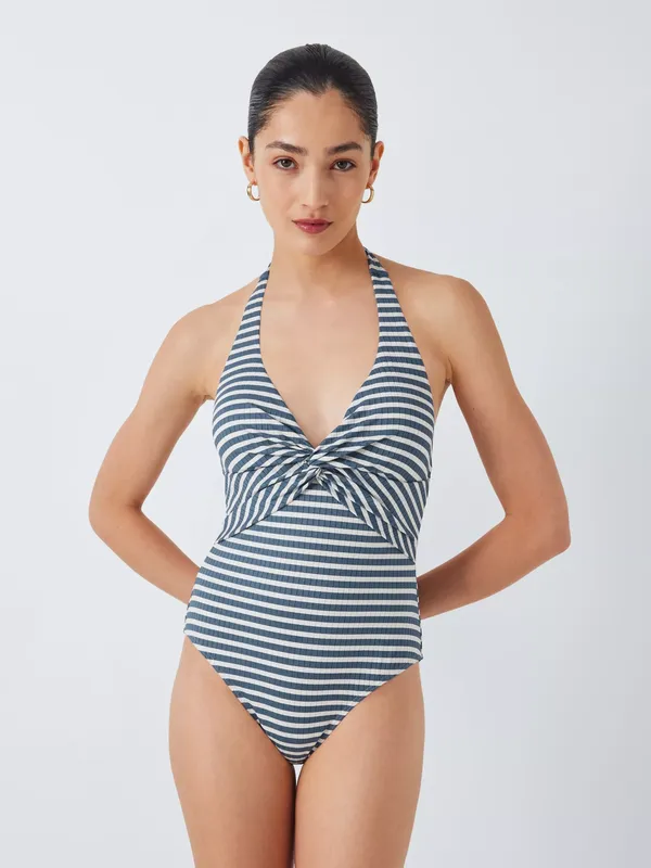John Lewis Valencia Twist Front Halterneck Swimsuit, Blue/White