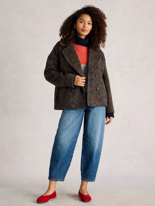 White Stuff Josie Open Collar Boxy Jacket, Navy/Multi