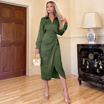 AX Paris Olive Wrap Satin Shirt Midi Dress