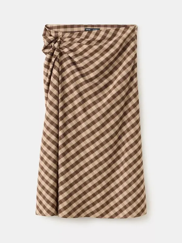 Mango Gingham Gathered Detail Midi Skirt, Chocolate