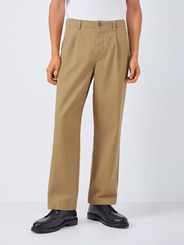 John Lewis Straight Fit Pleat Cotton Trousers, Cornstalk