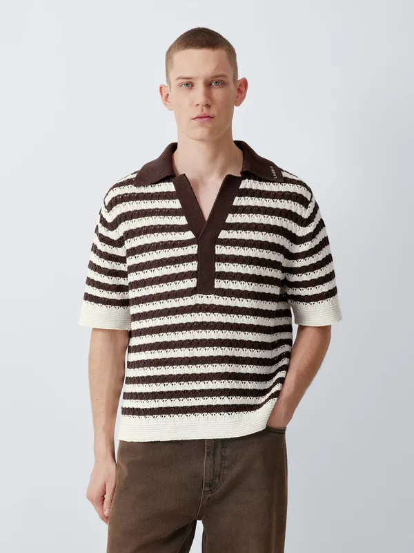 John Lewis x LABRUM Short Sleeve Striped Linen Cotton Blend Knit Open Collar Polo Shirt, Brown