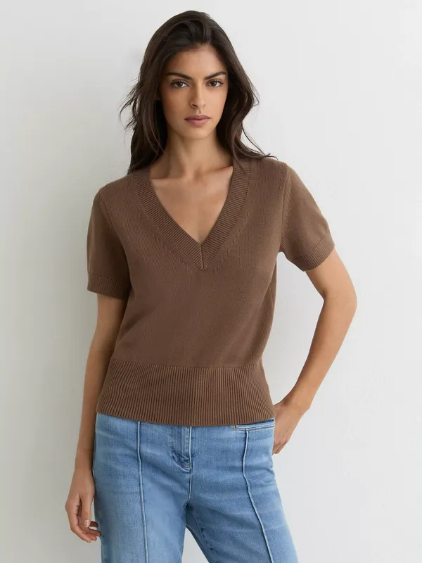 Reiss Valerie Cotton Blend Short Sleeve V-Neck Jumper, Taupe Neutral