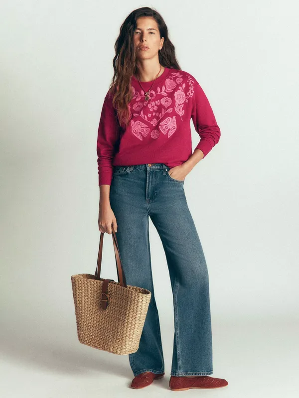 Boden Emi Cotton Embroidered Sweatshirt, Dark Pink