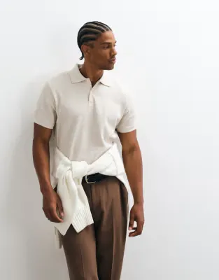 regular fit zip polo in beige texture