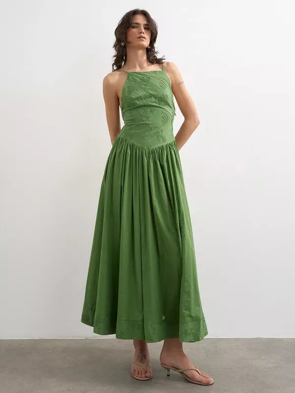 Topshop Deep V-Back Sleeveless Embroidered Cotton Midi Dress, Green