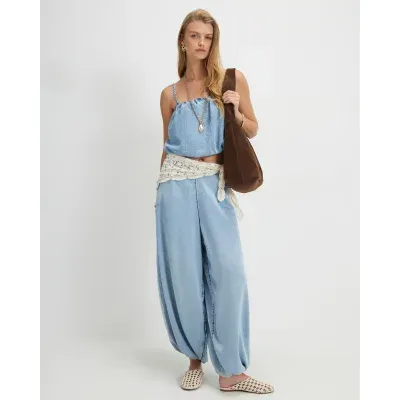 Blue High Waisted Denim Balloon Leg Trousers