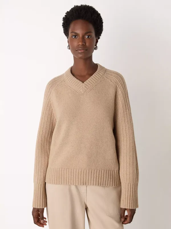 Whistles Ribbed Sleeve V-Neck Pure Wool Jumper, Camel
