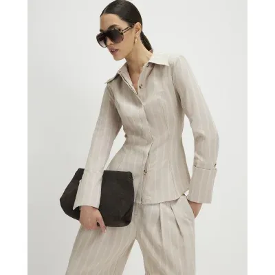 Beige Striped Tie Back Shirt
