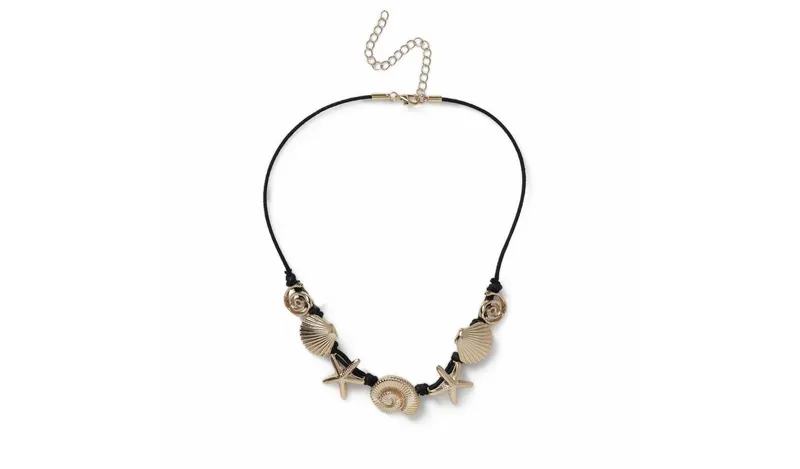 Freedom Gold Tone Shell & Starfish Black Cord Necklace