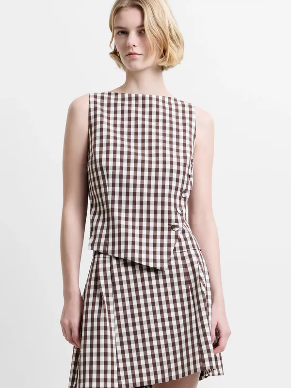 French Connection Lexi Tailored Gingham Asymmetric Top, Espresso Brown