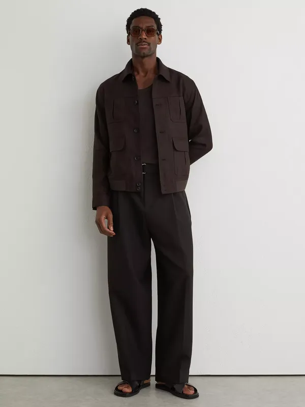 Reiss Adam Linen Four Pocket Shirt Jacket, Dark Brown