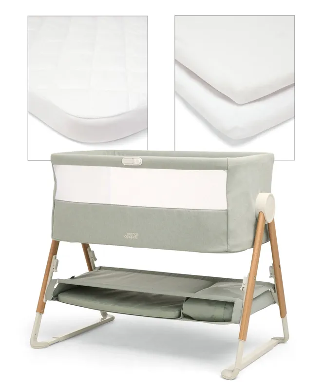 Mamas & Papas Lua Bedside Crib with Sheet & Mattress Protector Bundle - Sage/White