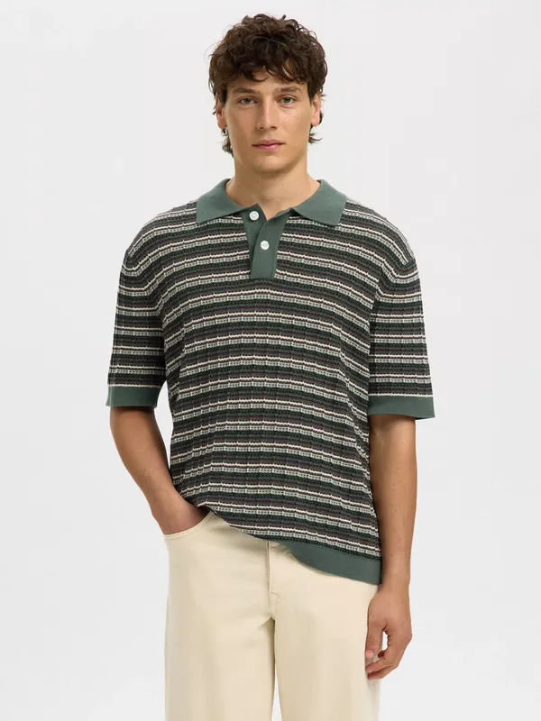 Selected Knitted Striped Polo Shirt, Balsam Green Stripes