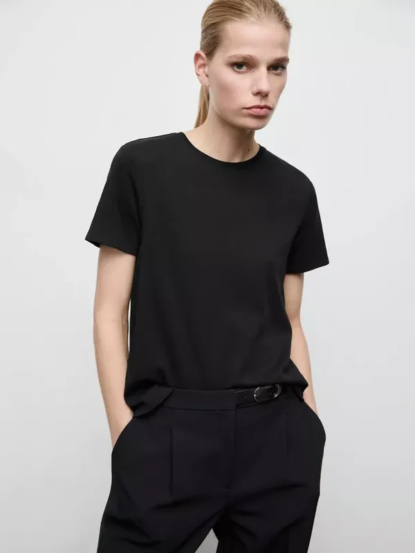Mango Loose Fit Crew Neck T-Shirt, Black