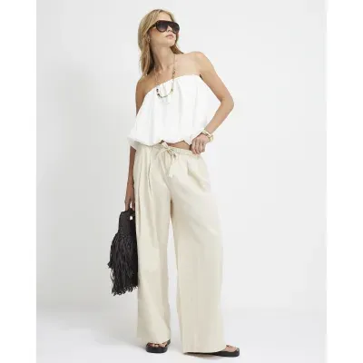 Cream Mid Rise Drawstring Wide Leg Trousers