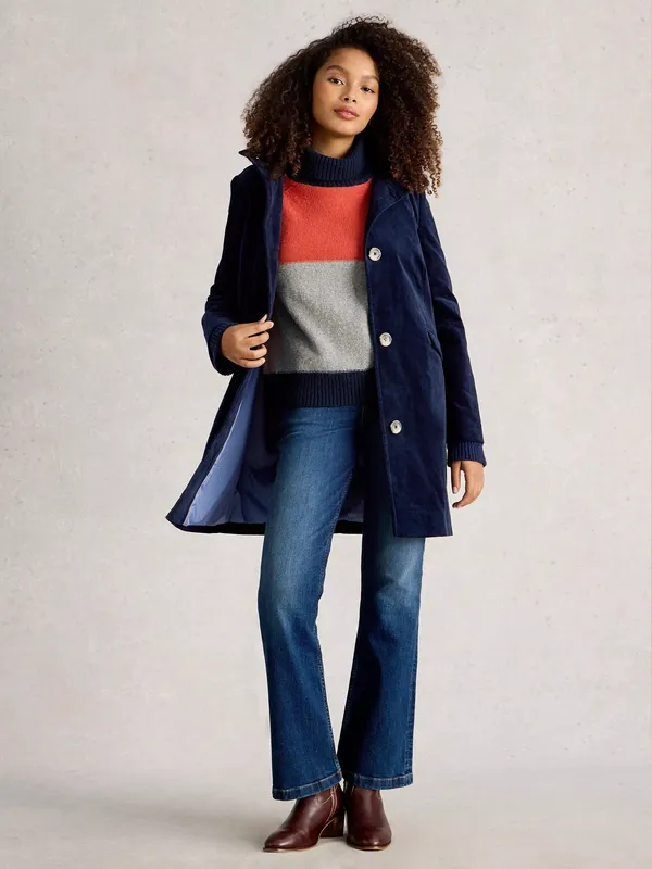 White Stuff Karla Velvet Coat, Dark Navy