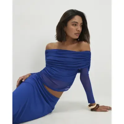 Blue Mesh Ruched Bardot Top