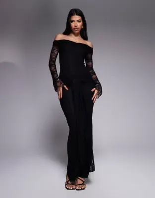 exclusive double layered slinky lace bardot flare sleeve tie waist drape detail maxi dress in black