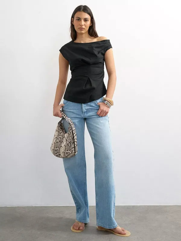 Topshop Twist Shoulder Short Sleeve Linen Blend Top, Black