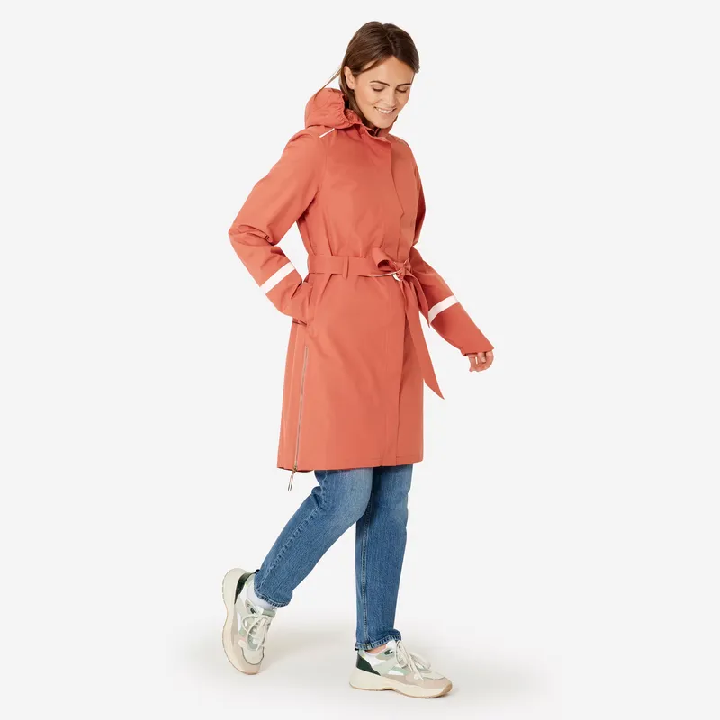 BTWIN Women's City Bike Waterproof Trench Coat with Hood - Terra Cotta