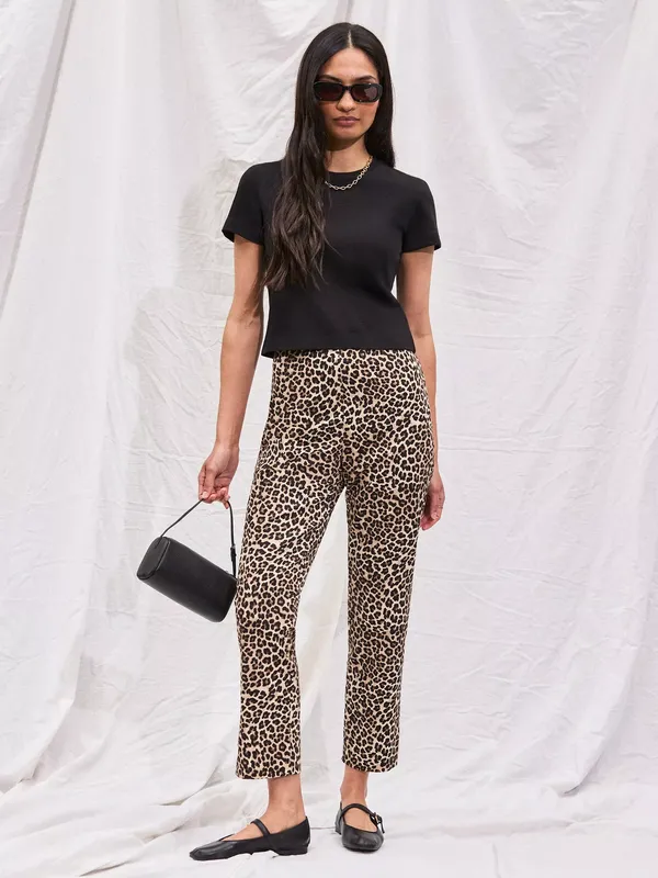 Ro&Zo Petite Leopard Print Slim Capri Trousers, Brown