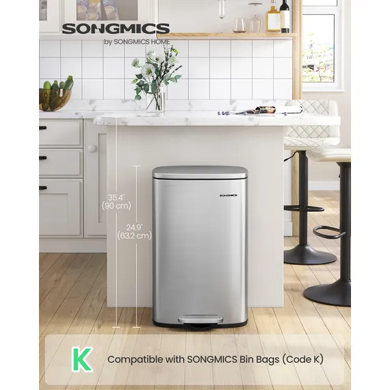 SONGMICS 50L Kitchen Bin, Stainless Steel, Soft-Close Lid - Silver