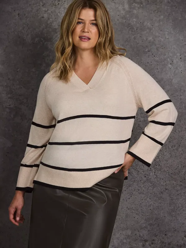 Live Unlimited Curve V-Neck Stripe Jumper, Natural