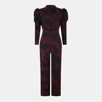 AX Paris Wine Printed High Neck Puff Sleeve Jumpsuit