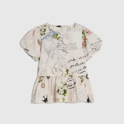 Mini Girls Pink Floral Puff Sleeve Blouse