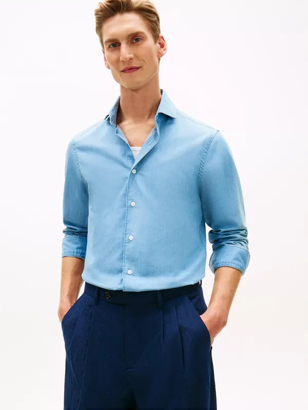Tommy Hilfiger Cotton Slim Fit Cutaway Collar Shirt, Light Blue