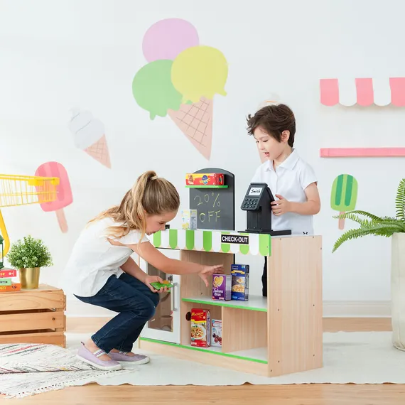 Wooden Play Cashier Checkout Stand with 26 Accessories, Green and White - Green
