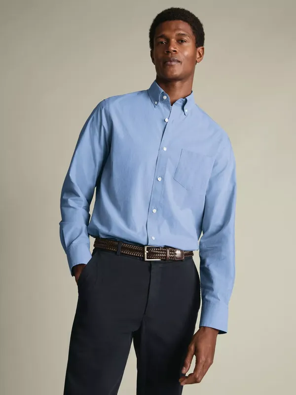 Charles Tyrwhitt Button Collar Stretch Washed Poplin Cotton Slim Fit Shirt, Cornflower Blue