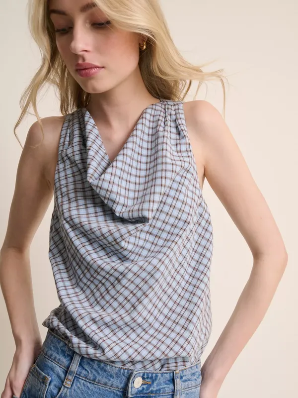 Nobody's Child Bonbon Check Cotton Sleeveless Cowl Neck Top, Cream