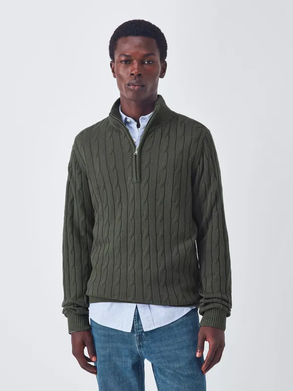 John Lewis Cotton Blend with Cashmere Half Zip Cable Knit High Neck Jumper